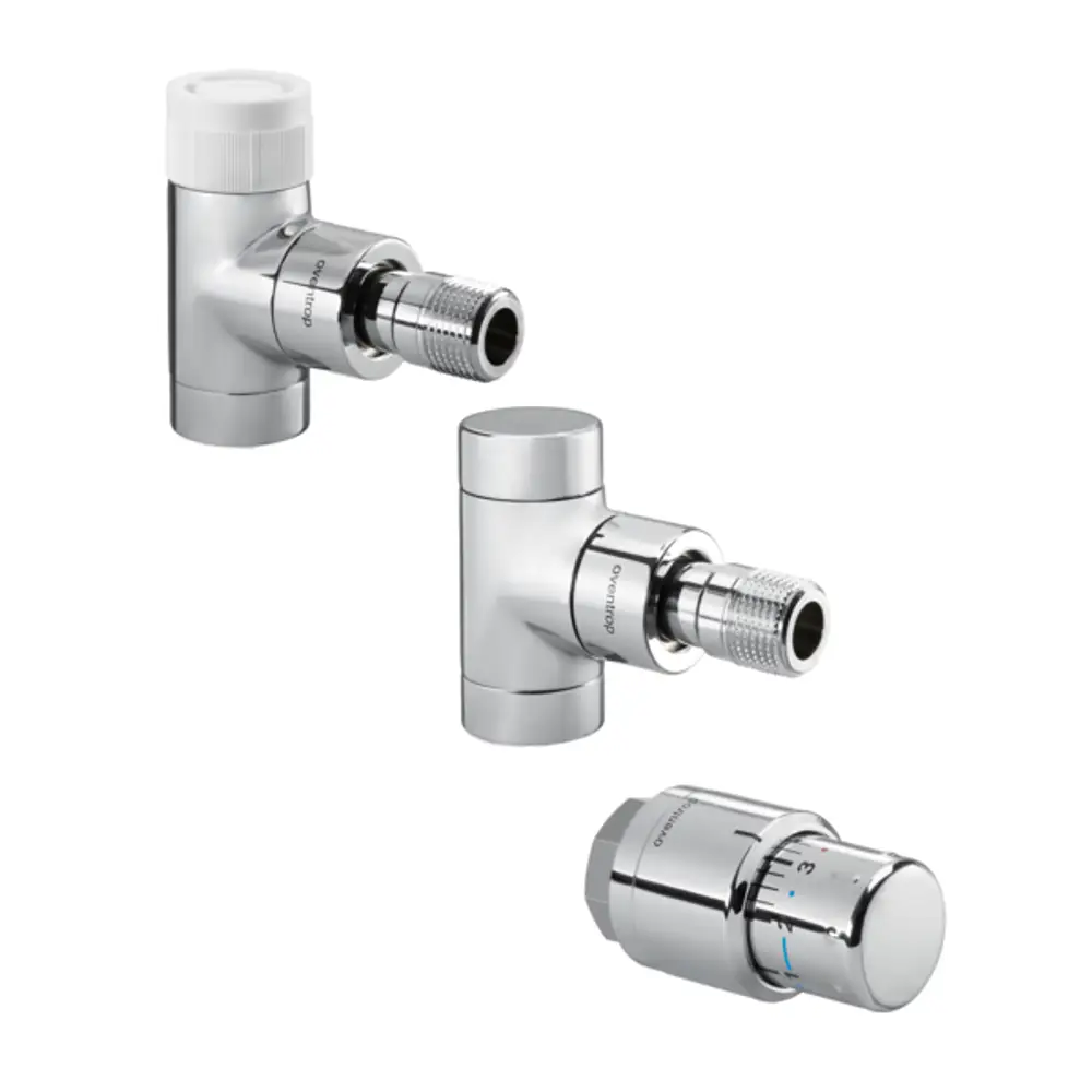 Oventrop Thermostatventil-Set mit verchromten, eckigen Anschlussstücken und Rücklaufverschraubung, geeignet für Heizungsinstallationen.